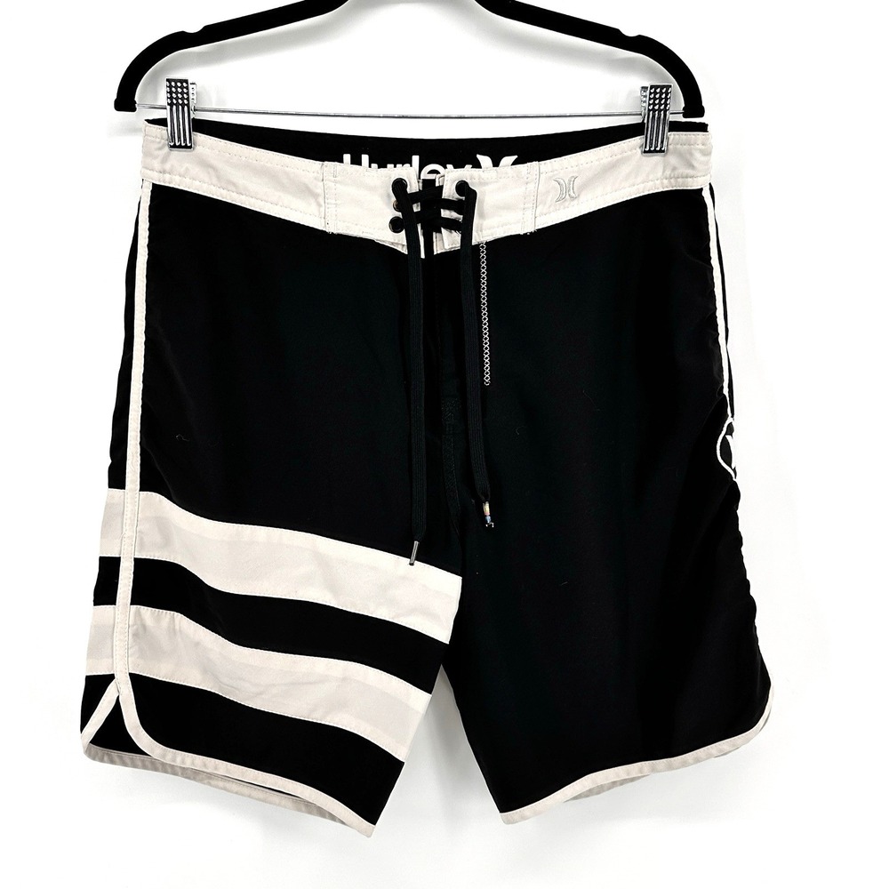 Hurley Phantom Block Pool Party Board Shorts Men's 33 Black w/ White Stripes - Picture 1 of 9